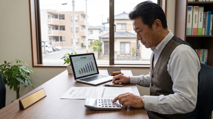 福山市の賃貸物件と電計算卓を操作する賃貸経営オーナーのイメージ